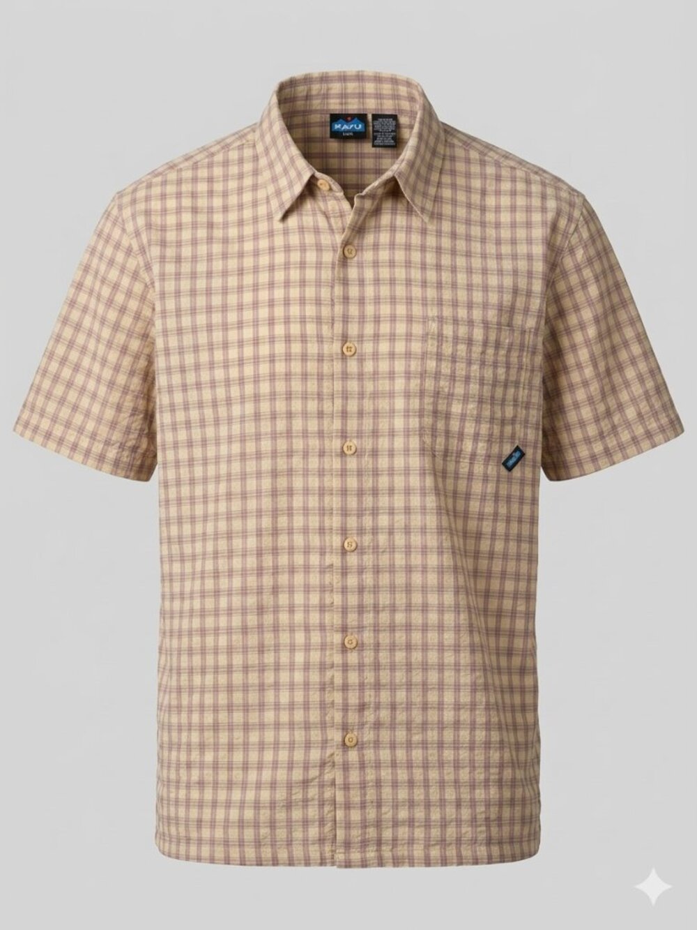 KAVU Mens Large Short Sleeve Button Down Plaid Shirt Tan Beige Mauve Gorpcore